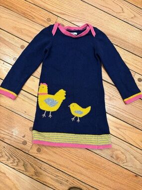 Baby Boden Girls Navy Knit Dress with Yellow Chick Appliqués 3T-4T